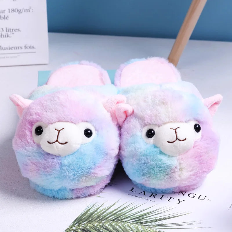 Cute Cartoon Alpaca Indoor Slippers Women Winter Home Floor Shoes Female Warm Faux Fur House Slipper Soft Sole Slides SH466