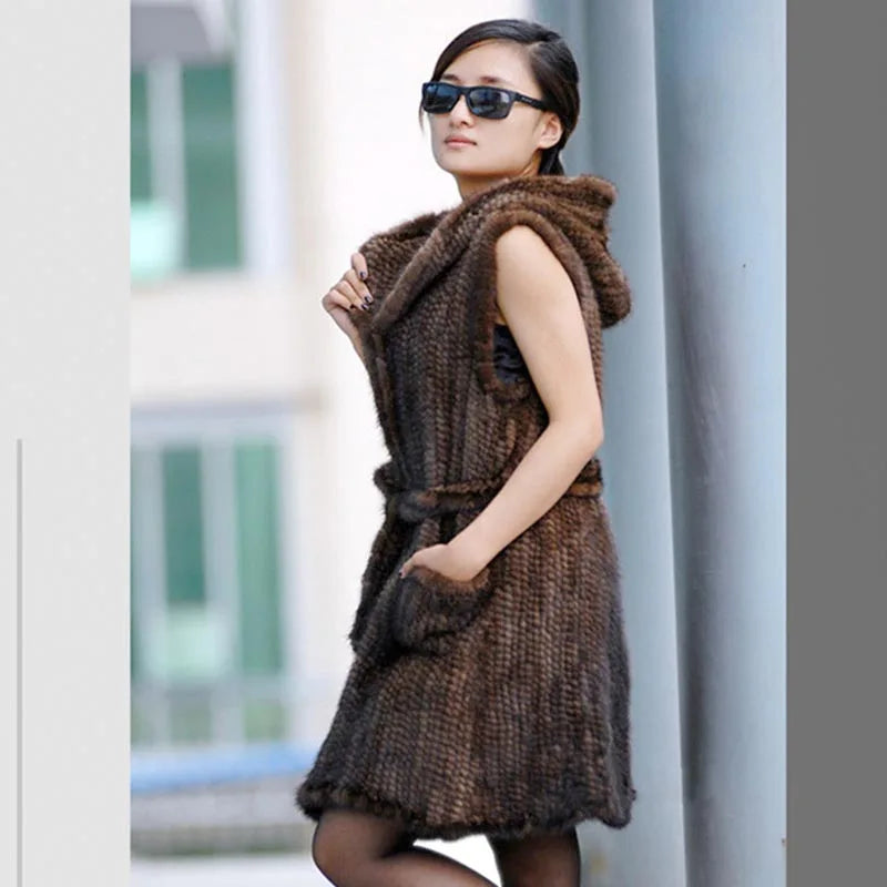 New Genuine knitted mink fur vest hooded mink fur vest warm winter fur coat