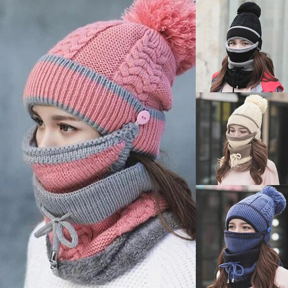 3PCS Womens Winter Scarf Hat Set Casual Ladies Outdoor Thickened Knitted Hat Scarf Cover Hat Winter Set