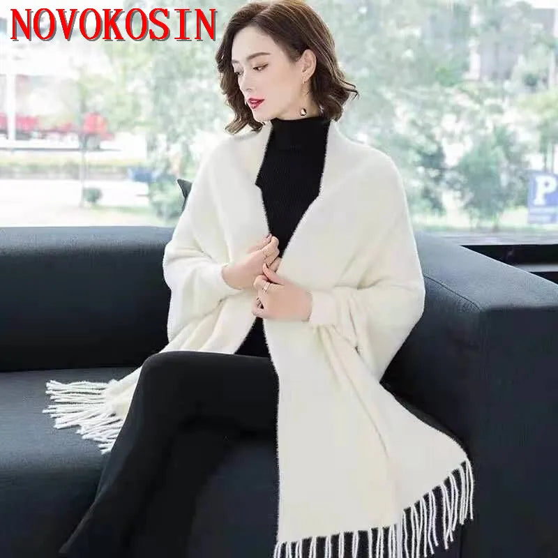 Winter Warm Long Knitted Faux Mink Velvet Thick Poncho Cape Cashmere Loose Women Batwing Sleeves Cardigan Shawl Tassel Cloak