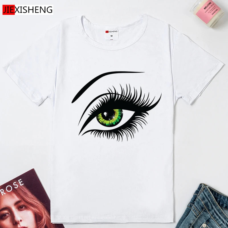 2021 sommer T shirt Frauen Tops Tees Kurzarm Baumwolle Großen Augen Drucken T-shirt Lustige T-shirt Frau Kleidung