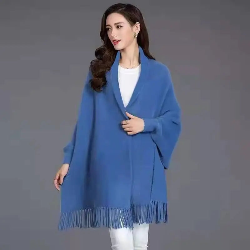 Winter Warm Long Knitted Faux Mink Velvet Thick Poncho Cape Cashmere Loose Women Batwing Sleeves Cardigan Shawl Tassel Cloak