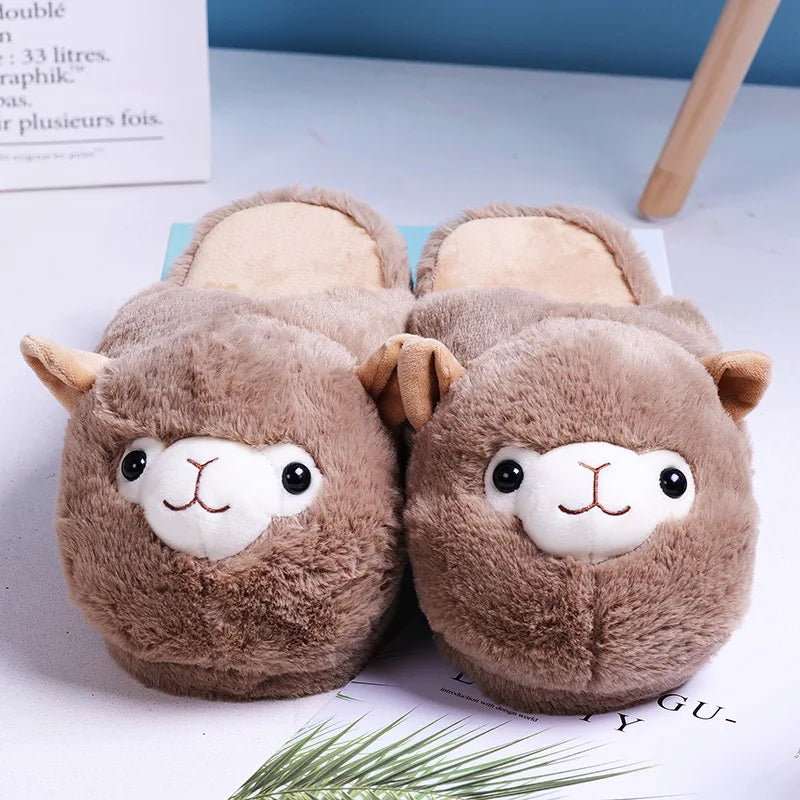 Cute Cartoon Alpaca Indoor Slippers Women Winter Home Floor Shoes Female Warm Faux Fur House Slipper Soft Sole Slides SH466