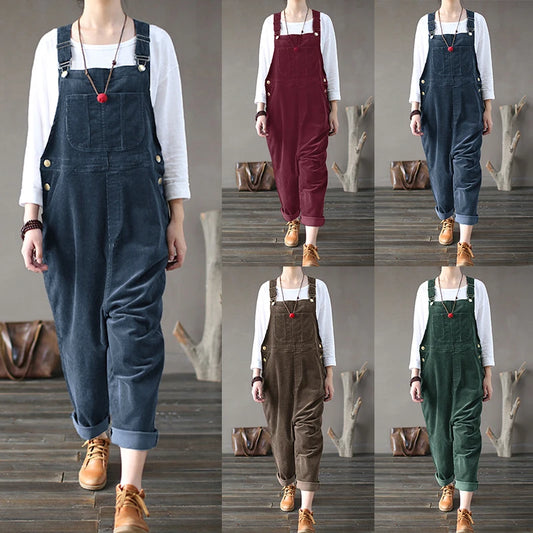 Kaftan Corduroy Overalls Women's Jumpsuits Casual Long Pants Female Button Rompers