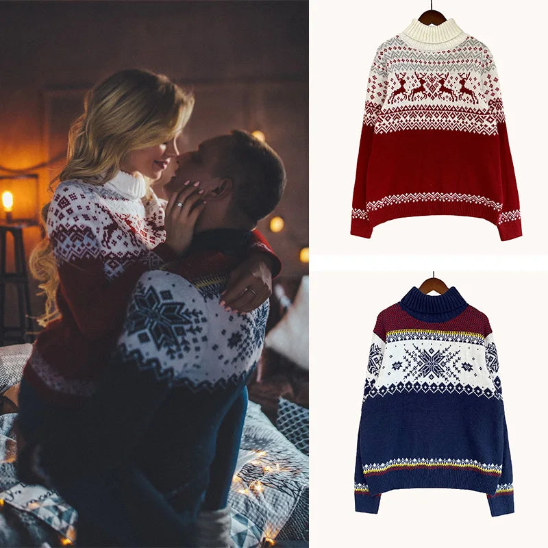 New Fashion Sweater Christmas Knitted Sweater Loose High Neck Long Sleeve Couple Christmas Sweater