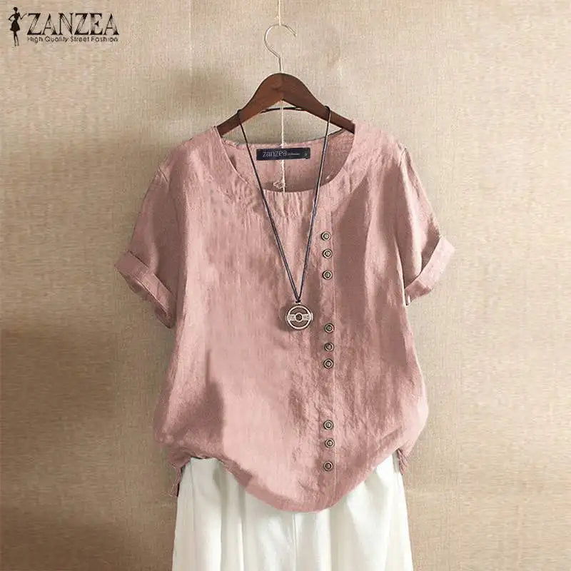 Elegant Cotton Tops Women's Summer Blouse 2023 ZANZEA Casual Long Sleeve Shirts Female O Neck Button Blusas  Tunic