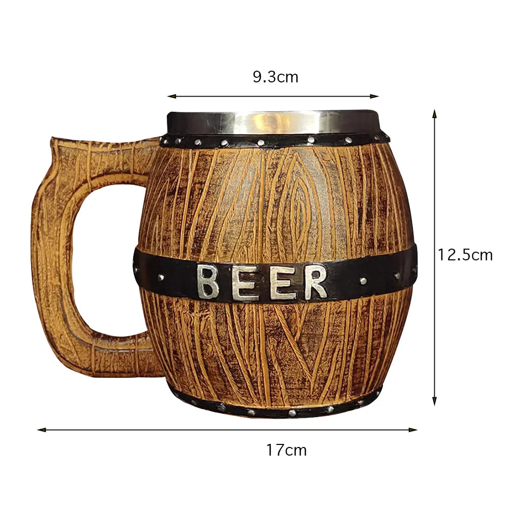 Viking Wood Style Beer Mug Simulation Wooden Barrel Beer Cup Double Wall Drinking Mug Metal Insulated 1PCS Bar Drinking Game