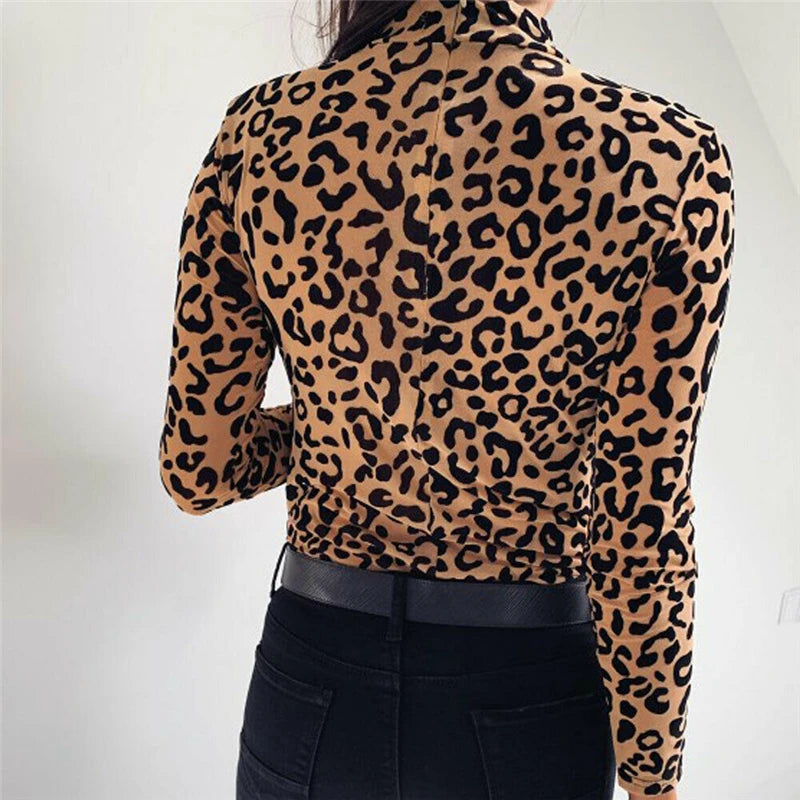 Women T shirts Fashion Leopard Print Turtle Neck Tops Autumn Long Sleeve Shirts Party Ladies Clothes Womens Tee And Tops