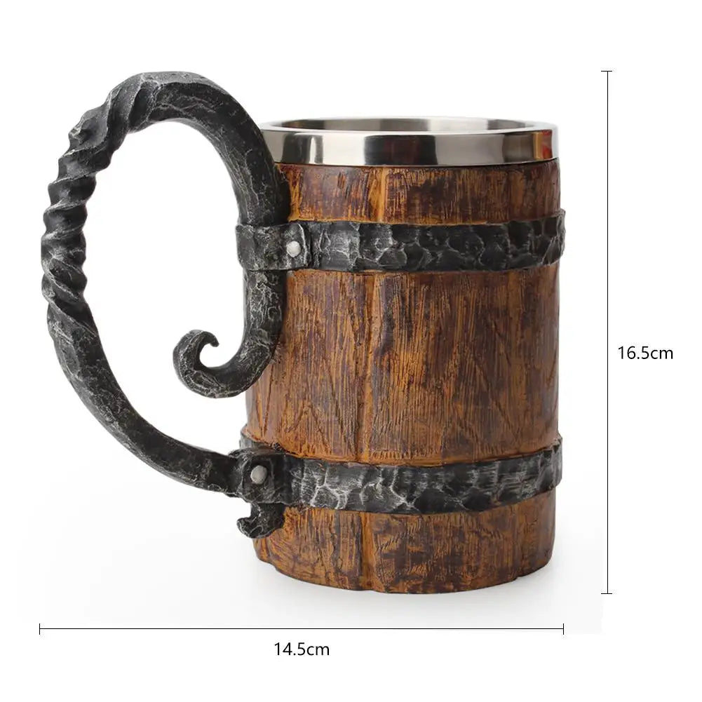 Viking Wood Style Beer Mug Simulation Wooden Barrel Beer Cup Double Wall Drinking Mug Metal Insulated 1PCS Bar Drinking Game