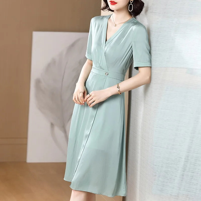 Pure mulberry silk dress, Knee-Length V neck short sleeve Dresses For Women new summer 2024