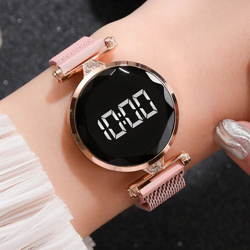 Luxury Digital Magnet Watches For Women Rose Gold Stainless Steel Dress LED Quartz Watch Female Clock Relogio Feminino Drop Ship