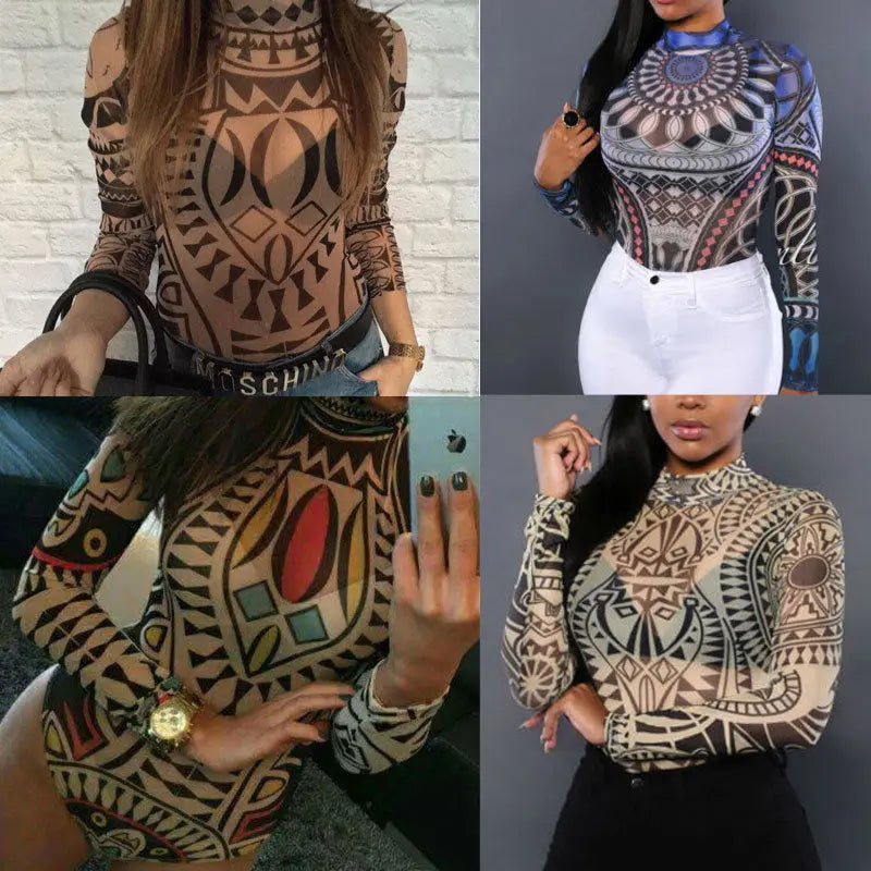 Damen Gothic Tattoo Tribal Print Stretchy Skinny Bodysuit Sexy Durchsichtiges Mesh Transparent Langarm Top Pullover Clubwear Bodycon