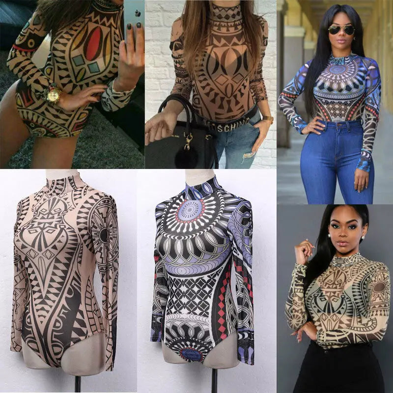 Damen Gothic Tattoo Tribal Print Stretchy Skinny Bodysuit Sexy Durchsichtiges Mesh Transparent Langarm Top Pullover Clubwear Bodycon