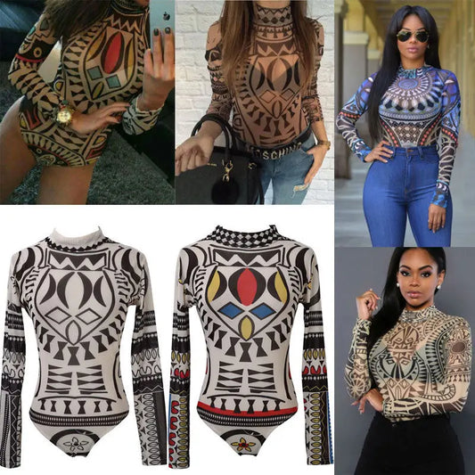 Damen Gothic Tattoo Tribal Print Stretchy Skinny Bodysuit Sexy Durchsichtiges Mesh Transparent Langarm Top Pullover Clubwear Bodycon