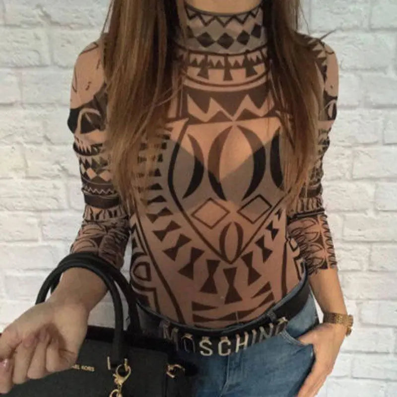 Damen Gothic Tattoo Tribal Print Stretchy Skinny Bodysuit Sexy Durchsichtiges Mesh Transparent Langarm Top Pullover Clubwear Bodycon