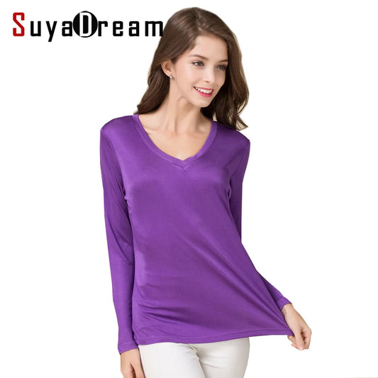 SuyaDream Damen T-Shirt Naturseide Langarm V-Ausschnitt Uni Basic Shirt Rosa Blau Lila Unterteil