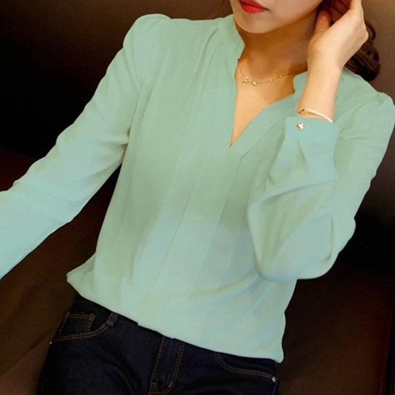 Elegant Whites: 2024 Fashion Solid T-Shirts, Spring-Summer Long Sleeve Chiffon Blouse for Workwear Sophistication.