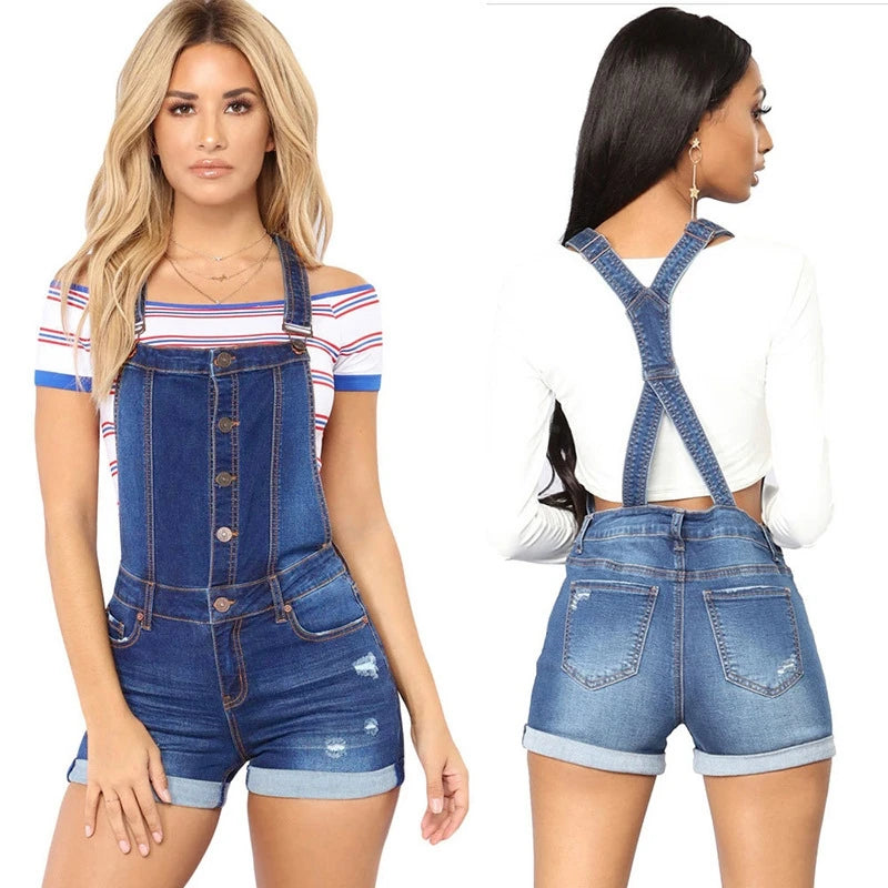 Kurzer Denim-Overall für Damen, Loch-Overall, hohe Taille, lässige Jeans, Playsuit, gewaschene Salopette mit Trägern, 2019 Sommer-Strampler