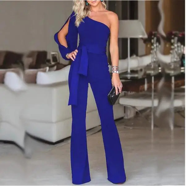 Sommer Damenmode Bürodame Solid Jumpsuit Stilvolle One-Shoulder Schlitz Ärmel Schwarz Jumpsuit Party Wear 2XL