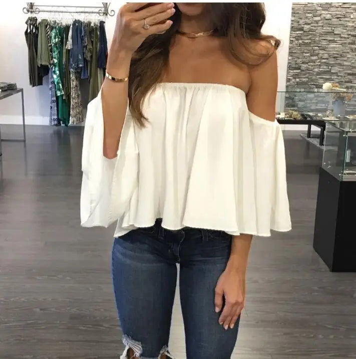 Strapless Charm Tee: 2024 Summer Fashion, Sexy Chiffon Off-Shoulder, Short Sleeve. Embrace the beach vibes in feminine 5XL tops.