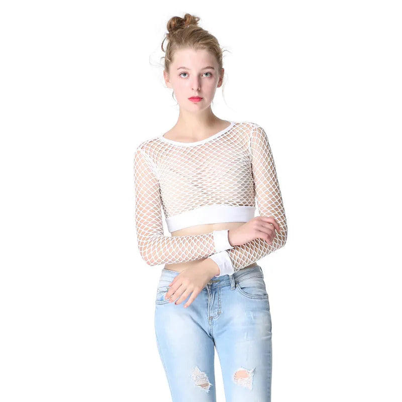 Ruoru Mesh Elegance: Fishnet Femme Crop Top with Hollow Out Detail. Slim, see-through, and perfect for club wear.