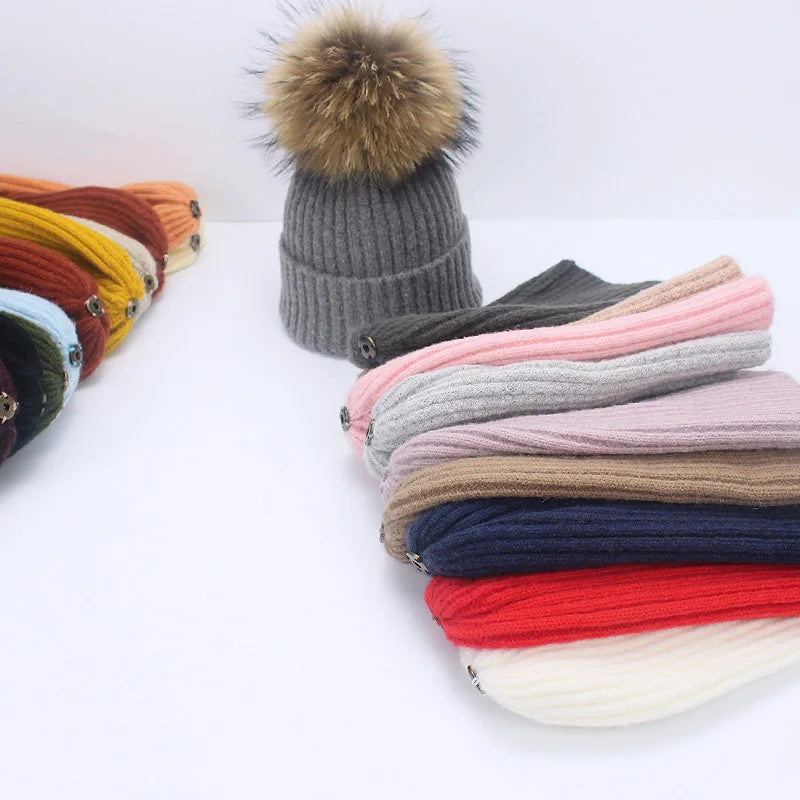 Real Raccoon Fur Pom Poms Pall Keep Warm Winter Hat For Women Girl 's Wool Hat Knitted Beanies Cap Thick Female Cap Skullies