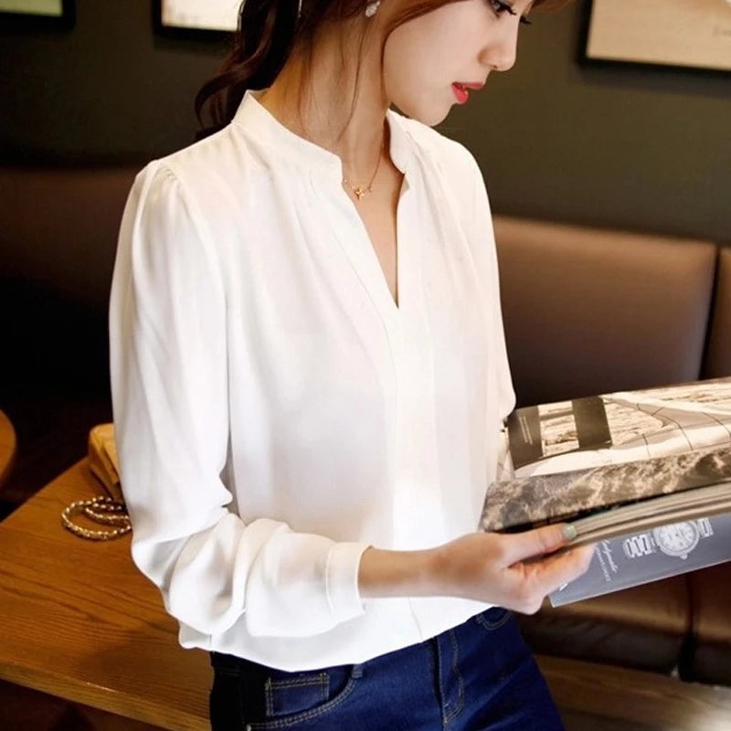 Elegant Whites: 2024 Fashion Solid T-Shirts, Spring-Summer Long Sleeve Chiffon Blouse for Workwear Sophistication.