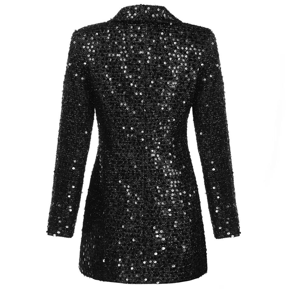 High Quality Fashion 2024 Designer Blazer Women Double Lion Buttons Shawl Collar Glitter Sequined Long Runway Black Blazers