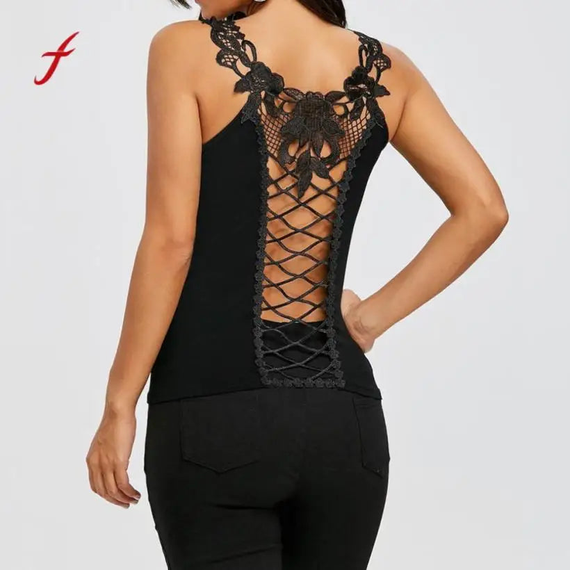 Lace Elegance Vest: O-Neck, Shoulder Straps, Back Hollow Out. Sexy and stylish collarlace detail.