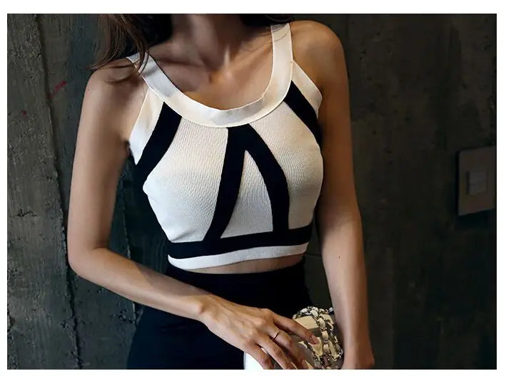 Summer Women Fashion Slim Knitting Tank Crop Tops Female Bodycon Knitted Camisole Sleeveless Short Geometric T shirts  8201