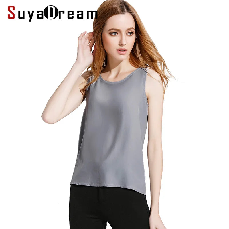 SuyaDream 100% Seide Crepe Frau O neck Tanks Ärmelloses Solide Hemd 2021 Sommer Grau Schwarz Rosa Wein