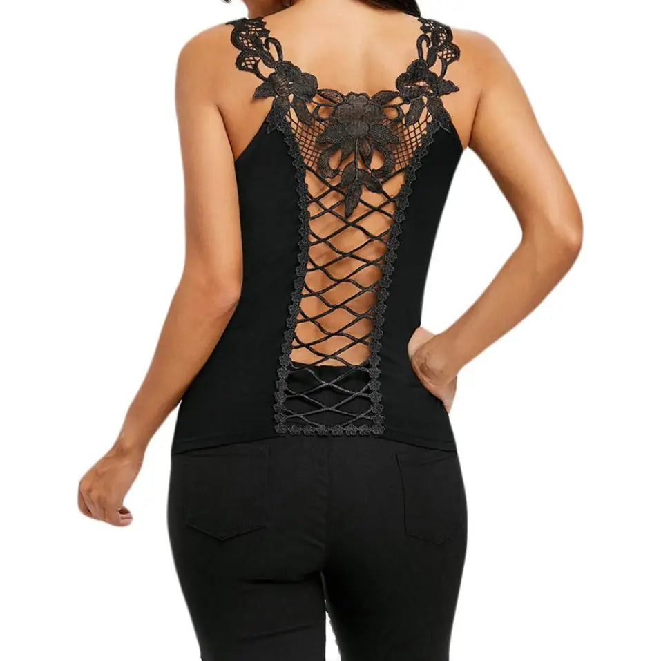 Lace Elegance Vest: O-Neck, Shoulder Straps, Back Hollow Out. Sexy and stylish collarlace detail.