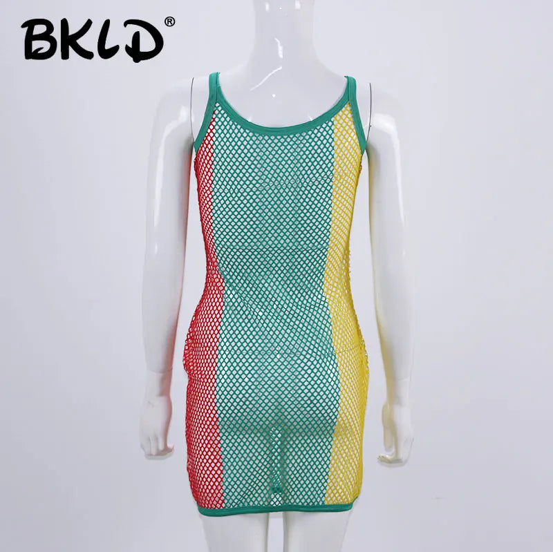 BKLD Mesh-Tanktops 2024 für Damen, sexy, durchsichtiges T-Shirt, figurbetont, ärmellos, Netzstoff, transparent, buntes Fischnetz, Patchwork, lange Tanktops