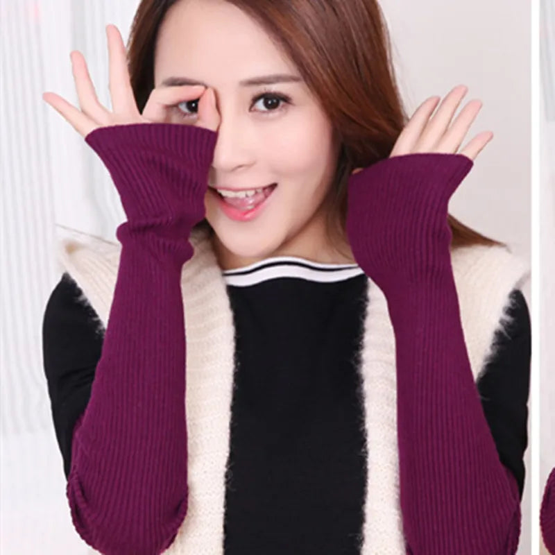 Wholesale Autumn Winter 50cm Women's Wool Arm Warmers Knitted Woolen Arm Sleeve Solid Superfine Long Knitted Fingerless Gloves