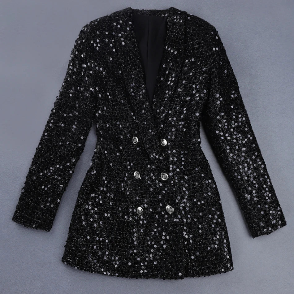 Hochwertige Mode 2024 Designer Blazer Frauen Doppel Löwenknöpfe Schalkragen Glitter Pailletten Lange Runway Schwarz Blazer