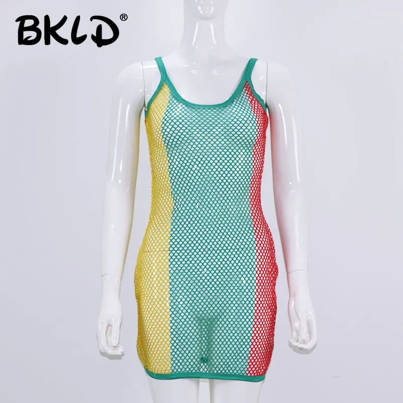 BKLD Mesh Tank Tops 2024 Women Sexy See Through T Shirt Bodycon Sleeveless Mesh Sheer Colorful Fishnet Patchwork Long Tank Tops