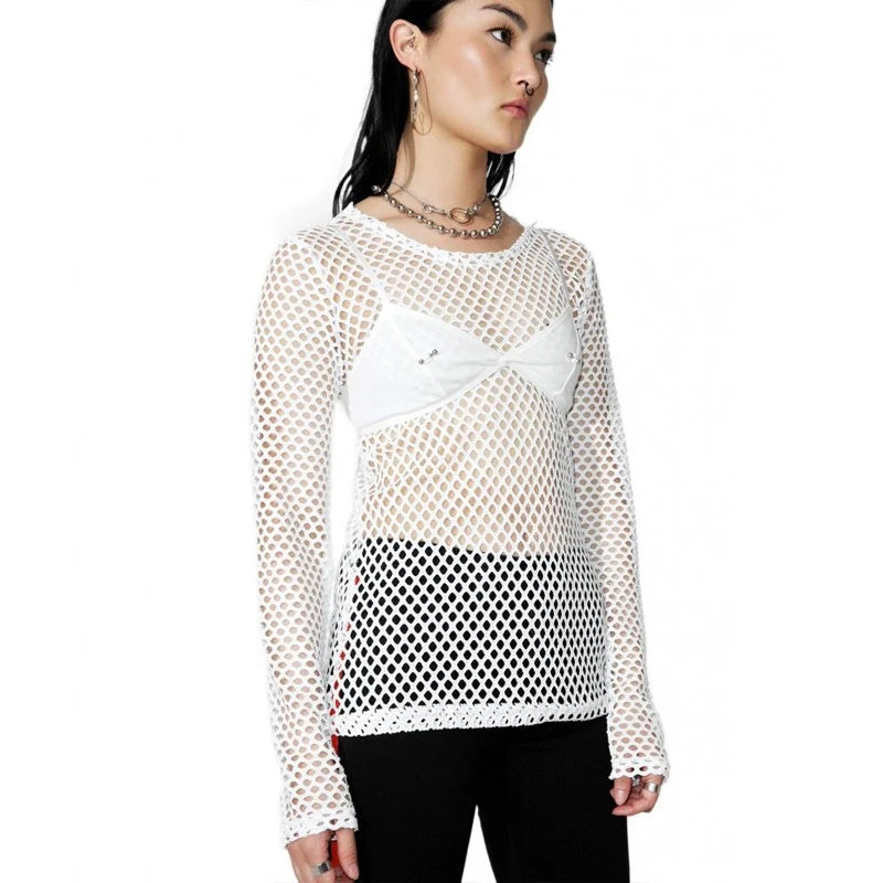 Gothic Fishnet Exposed Tee: Vintage Casual Top, Loose Fit, Sheer Mesh for a Summer Statement.