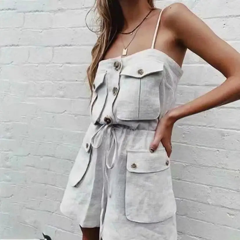 2019 Safari Style Spaghetti Strap Jumpsuit Women Open Button Lacing up Bow Waist Short Pants Romper Cotton Linen Playsuits