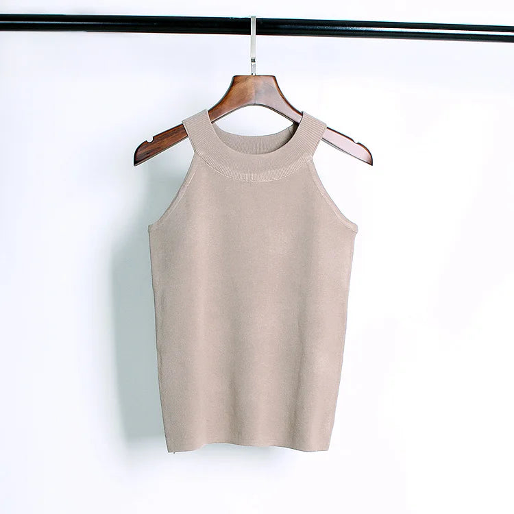 Summer Women Slim Knitting Halter Camisole Tops Female Bodycon Knitted Tanks Sleeveless Basic Solid T shirts  8017