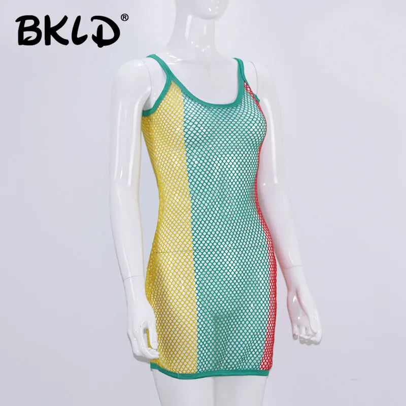 BKLD Mesh-Tanktops 2024 für Damen, sexy, durchsichtiges T-Shirt, figurbetont, ärmellos, Netzstoff, transparent, buntes Fischnetz, Patchwork, lange Tanktops