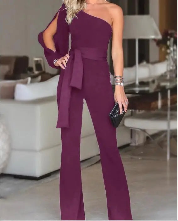 Sommer Damenmode Bürodame Solid Jumpsuit Stilvolle One-Shoulder Schlitz Ärmel Schwarz Jumpsuit Party Wear 2XL