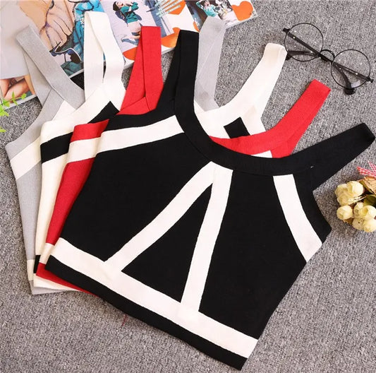 Sommer Damenmode Schlank Strick Tank Crop Tops Weiblich Bodycon Gestrickt Leibchen Ärmellos Kurze Geometrische T-Shirts 8201