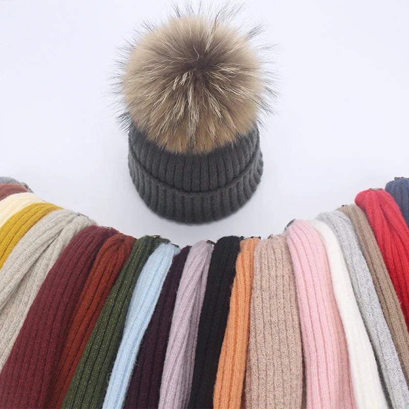 Real Raccoon Fur Pom Poms Pall Keep Warm Winter Hat For Women Girl 's Wool Hat Knitted Beanies Cap Thick Female Cap Skullies