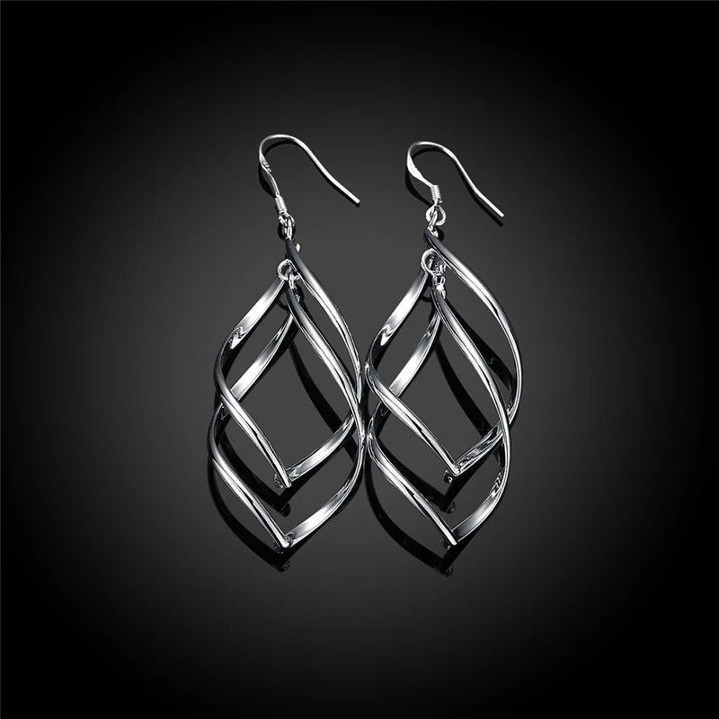 DOTEFFIL 925 Sterling Silver Geometric Surround Twist Drop Earrings For Women Wedding Engagement Jewelry