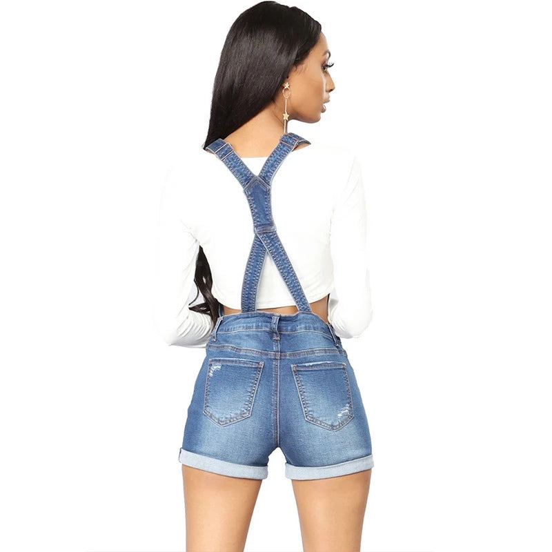 Kurzer Denim-Overall für Damen, Loch-Overall, hohe Taille, lässige Jeans, Playsuit, gewaschene Salopette mit Trägern, 2019 Sommer-Strampler