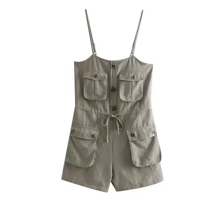 2019 Safari Style Spaghetti Strap Jumpsuit Women Open Button Lacing up Bow Waist Short Pants Romper Cotton Linen Playsuits