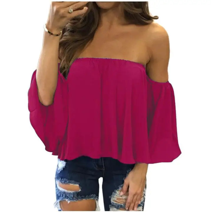 Strapless Charm Tee: 2024 Summer Fashion, Sexy Chiffon Off-Shoulder, Short Sleeve. Embrace the beach vibes in feminine 5XL tops.