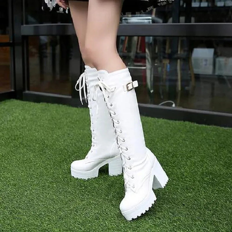 New fashions in winter tall and thick with boots English wind leather tie high heel women boots