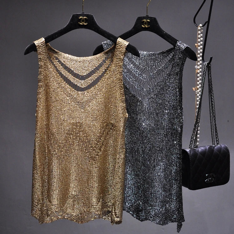 0 Summer sexy Supper blingbling sequines tank tops women hollow out metallic shiny vest women sequined bling bling tan tops