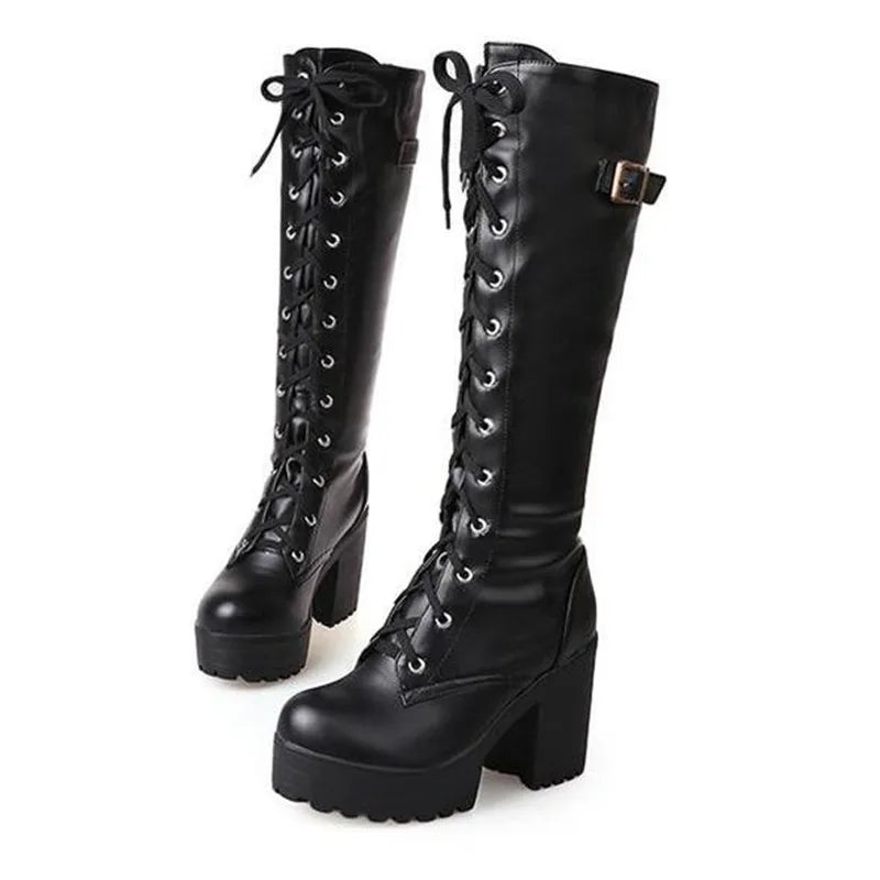 New fashions in winter tall and thick with boots English wind leather tie high heel women boots